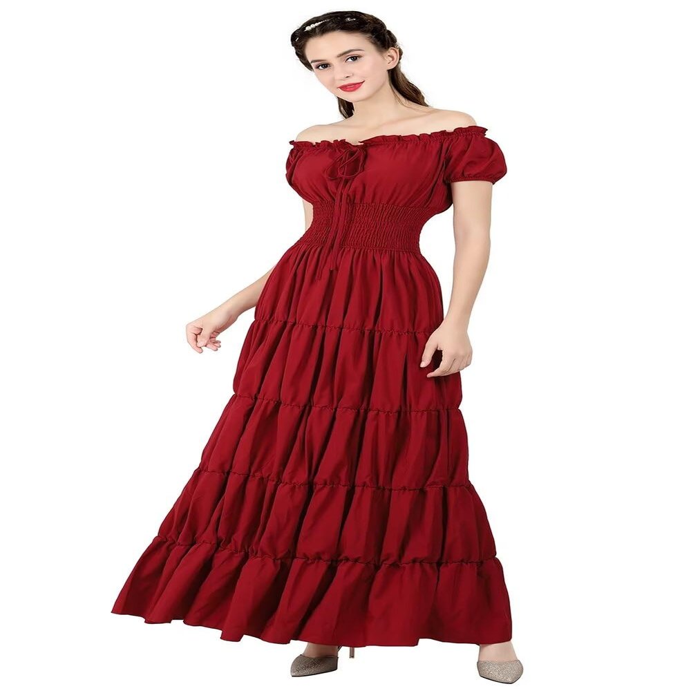 Long Dresses for Women Fashion Elegant Renaissance Costume Medieval Short Sleeve Casual Cute Outfit Midi Summer Red M