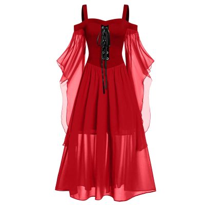 Women's Gothic Punk Dress Cold Shoulder Butterfly Sleeve Christmas Cosplay Party Dress (Red,M) CF11