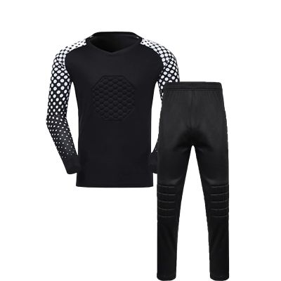 DRHOM Kids Boys Padded Goalkeeper Jersey and Pants Set Long Sleeves Goalie Soccer Shirt Training Uniform Activewear (Black, 9-10)