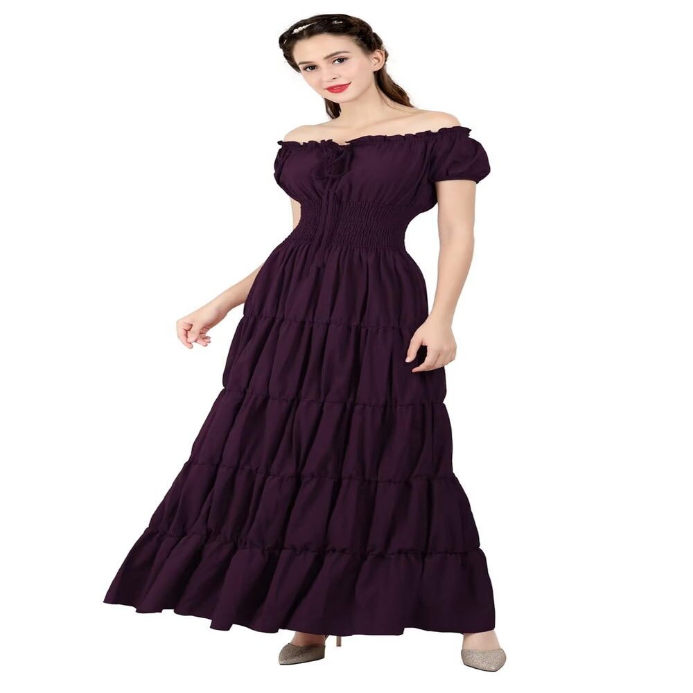 Womens Dress Fashion Elegant Renaissance Costume Medieval Short Sleeve Casual Outfit Midi Victorian Vintage Summer Purple L