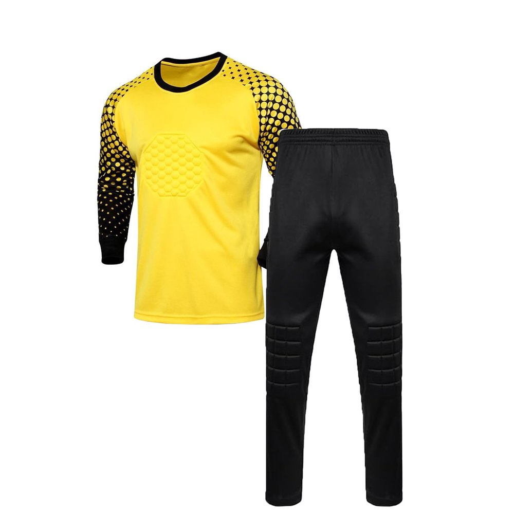 DRHOM Kids Boys Padded Goalkeeper Jersey and Pants Set Long Sleeves Goalie Soccer Shirt Training Uniform Activewear (Yellow, 11-12)