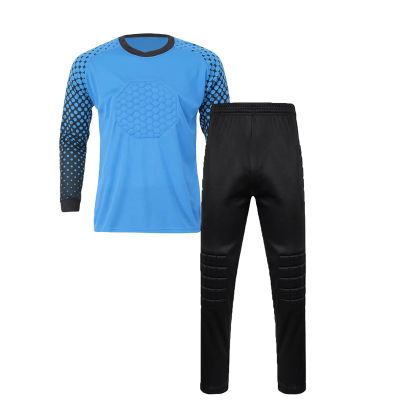 DRHOM Kids Boys Padded Goalkeeper Jersey and Pants Set Long Sleeves Goalie Soccer Shirt Training Uniform Activewear (Blue, 11-12)