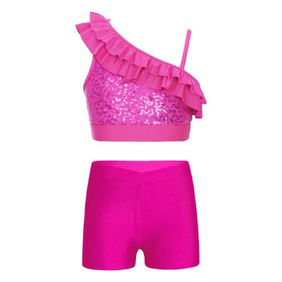 Agoky Kids Girls Shiny Dance Sports Outfits Crop Top and Active Shorts Tracksuit for Gymnastic Leotard Dancewear Swimwear Hot Pink A 8 Years