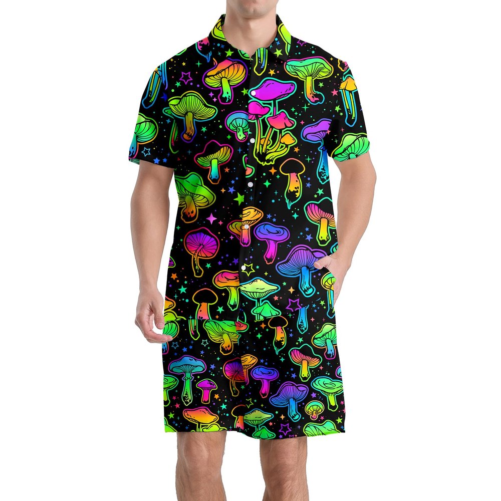 AMHebe Bright Mushrooms Men's Button-Up Hawaiian Shirt & Shorts Set - 2 Piece Summer Beach Vacation Outfits S