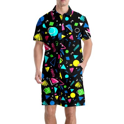 AMHebe Vintage 80s-90s Men's Button-Up Hawaiian Shirt & Shorts Set - 2 Piece Summer Beach Vacation Outfits S