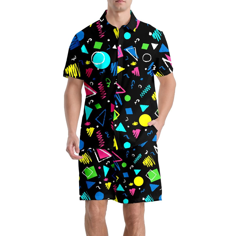 AMHebe Vintage 80s-90s Men's Button-Up Hawaiian Shirt & Shorts Set - 2 Piece Summer Beach Vacation Outfits S