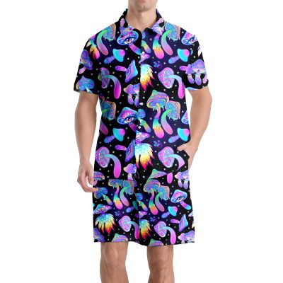 AMHebe Psychedelic Mushrooms Men's Button-Up Hawaiian Shirt & Shorts Set - 2 Piece Summer Beach Vacation Outfits 3XL