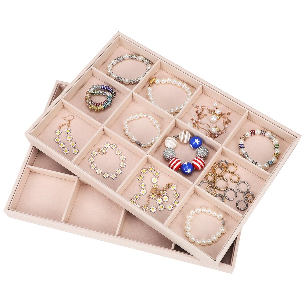 Zerodeko Velvet Jewelry Organizer Tray with 12 Adjustable Compartments Stackable Jewelry Display Insert for Drawer Storage and Home Use