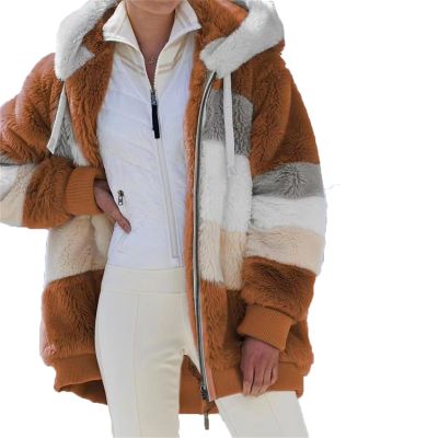 Miretior 2024 New Contrasting Lamb Wool Padded Coat, Warm Plush Patchwork Zipper Pocket Hooded Loose Coat for Women (US, Alpha, 5X-Large, Regular, Regular, Brown)