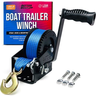 Boat Trailer Winch with Strap Hook, Manual Hand Heavy Duty Winch, One-Speed Ratchet Gear, 1600 lb for Towing Cars, Trucks, and Trailers