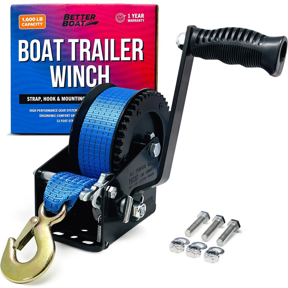 Boat Trailer Winch with Strap Hook, Manual Hand Heavy Duty Winch, One-Speed Ratchet Gear, 1600 lb for Towing Cars, Trucks, and Trailers