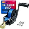 Boat Trailer Winch with Strap Hook, Manual Hand Heavy Duty Winch, One-Speed Ratchet Gear, 1600 lb for Towing Cars, Trucks, and Trailers view 1