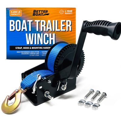 Boat Trailer Winch with Strap Hook, Manual Hand Heavy Duty Winch, Two-Speed Ratchet Gear, 3200 lb for Towing Cars, Trucks, and Trailers