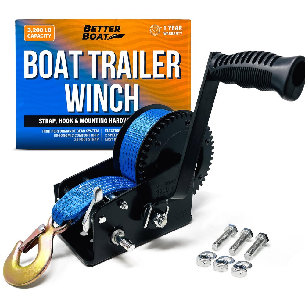 Boat Trailer Winch with Strap Hook, Manual Hand Heavy Duty Winch, Two-Speed Ratchet Gear, 3200 lb for Towing Cars, Trucks, and Trailers