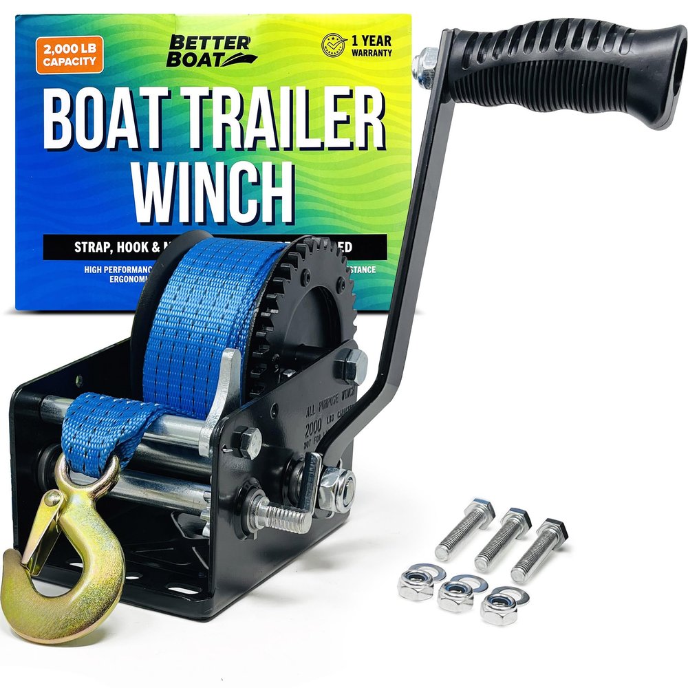 Boat Trailer Winch with Strap Hook, Manual Hand Heavy Duty Winch, One-Speed Ratchet Gear, 2000 lb for Towing Cars, Trucks, and Trailers