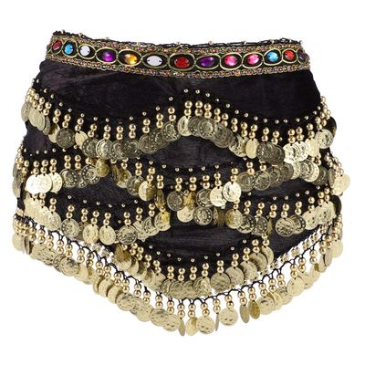 BUTIFULSIC Women's Belly Dance Hip Scarf Wrap Skirt with Bling Gold Coins and Diamonds Lightweight Black Dancing Skirt Belly Dance Gypsy Zu m ba Dancer Outfit Costume