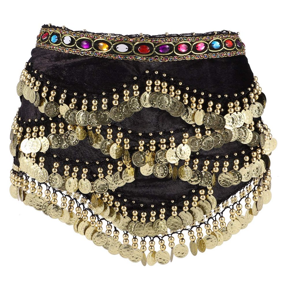 BUTIFULSIC Women's Belly Dance Hip Scarf Wrap Skirt with Bling Gold Coins and Diamonds Lightweight Black Dancing Skirt Belly Dance Gypsy Zu m ba Dancer Outfit Costume