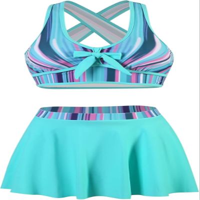 Striped Print Swimwear Push Up Bikinis with Skirt Retro Beachwear Vintage Swimming Wear Womens Beach Equipment Female Bathers (US, Alpha, 3X-Large, Regular, Regular, Blue)