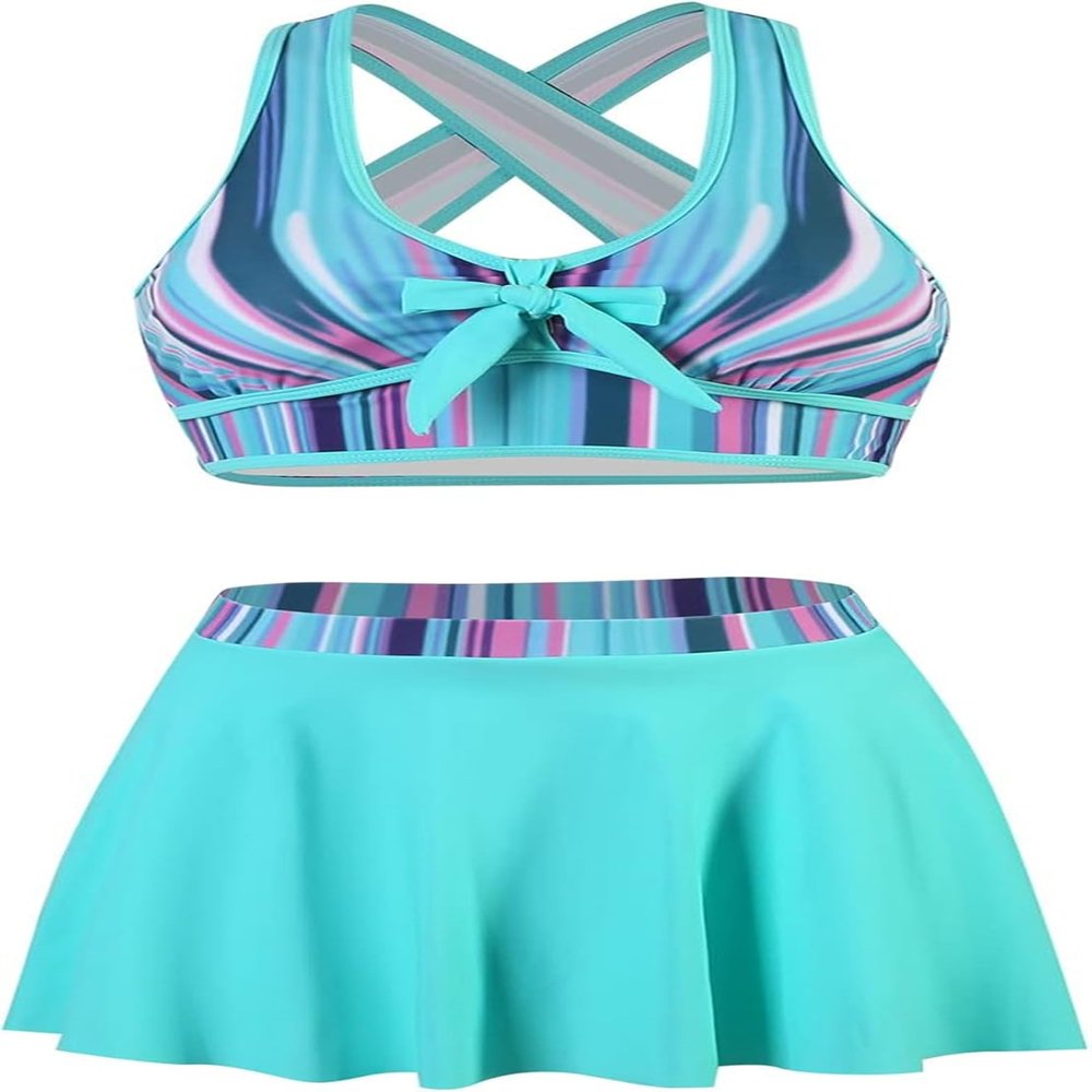 Striped Print Swimwear Push Up Bikinis with Skirt Retro Beachwear Vintage Swimming Wear Womens Beach Equipment Female Bathers (US, Alpha, 3X-Large, Regular, Regular, Blue)