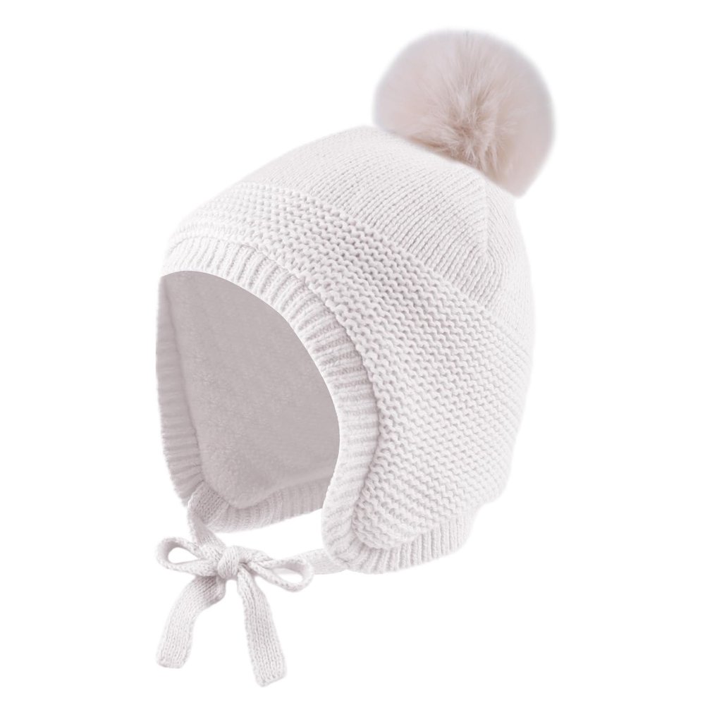 JANGANNSA Basic Winter Baby Boys Beanie Pompom Knitted Girls Hat Kids Earflap Beanies Warm Infant Toddler Hats(2-5 Years,White Hat)
