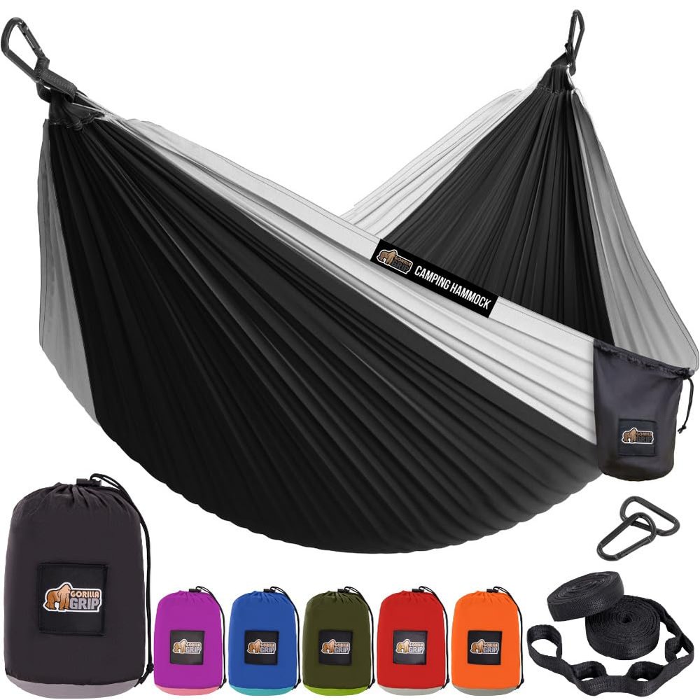 GORILLA GRIP Durable Camping Hammock with Heavy Duty Tree Straps, Portable Hammocks for Outside, Easy to Use Travel Swing Chair, Outdoor Camper Hiker Essentials, Backpacking Gear Gifts, Single, Black