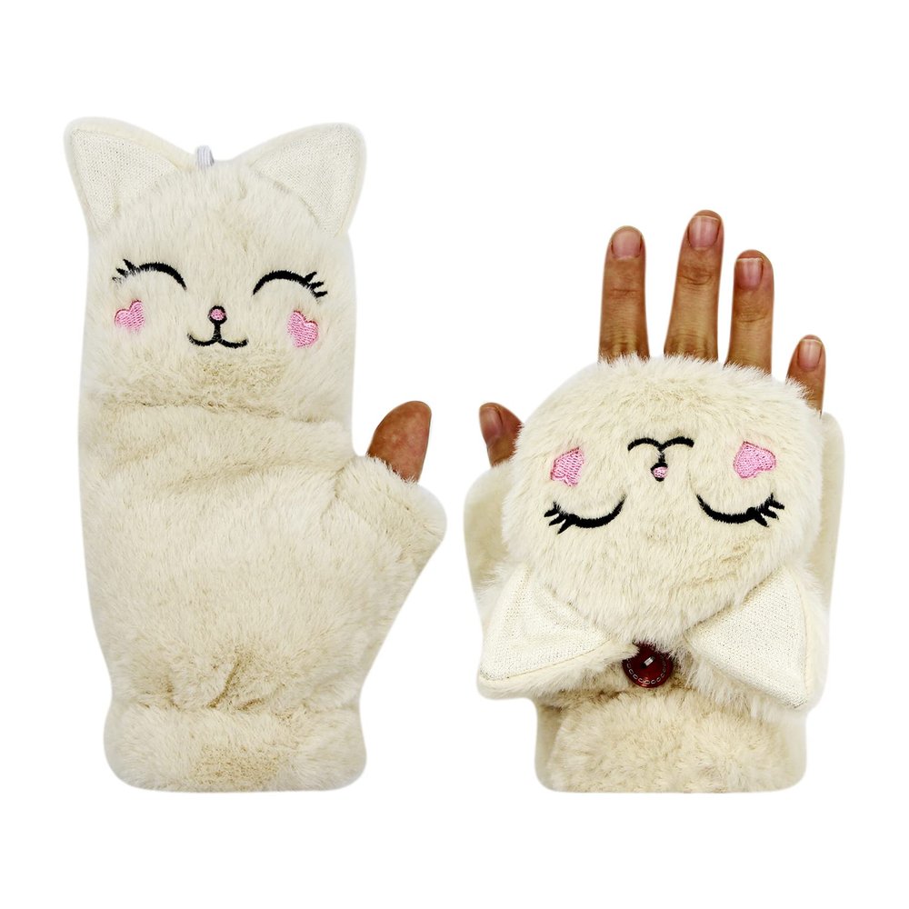Girls Winter Convertible Mittens Cute Animal Cat Fleece Lined Warm Flap Cover Gloves Mitten for Kids