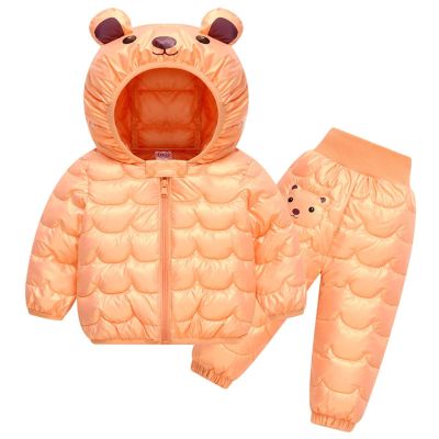 Winter Down Coats for Kids Baby Boys Girls Light Puffer Padded Jacket Bear Hoods Outerwear with Pants (A-A, 5-6 Years)