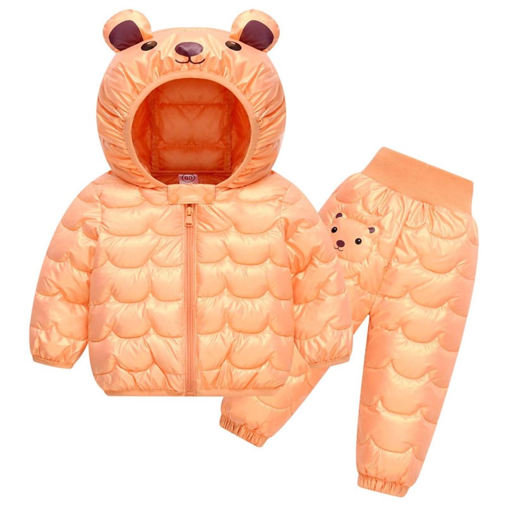 Winter Down Coats for Kids Baby Boys Girls Light Puffer Padded Jacket Bear Hoods Outerwear with Pants (A-A, 5-6 Years)