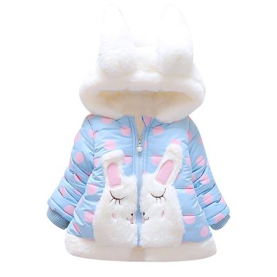 Cute Infant Girls Winter Plush Thick Jacket Rabbit Ears Hooded Long Sleeve Animal Print Zip (Light Blue, 18-24 Months)