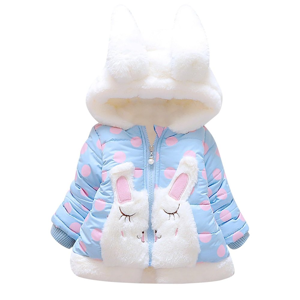 Cute Infant Girls Winter Plush Thick Jacket Rabbit Ears Hooded Long Sleeve Animal Print Zip (Light Blue, 18-24 Months)