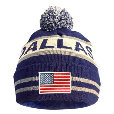 Cayyon US Flag City Football Embroidery Classic Pom Cuff Dallas Beanie Hat Cuffed Winter Soft Beanie Knit Pom Hat Cap Blue