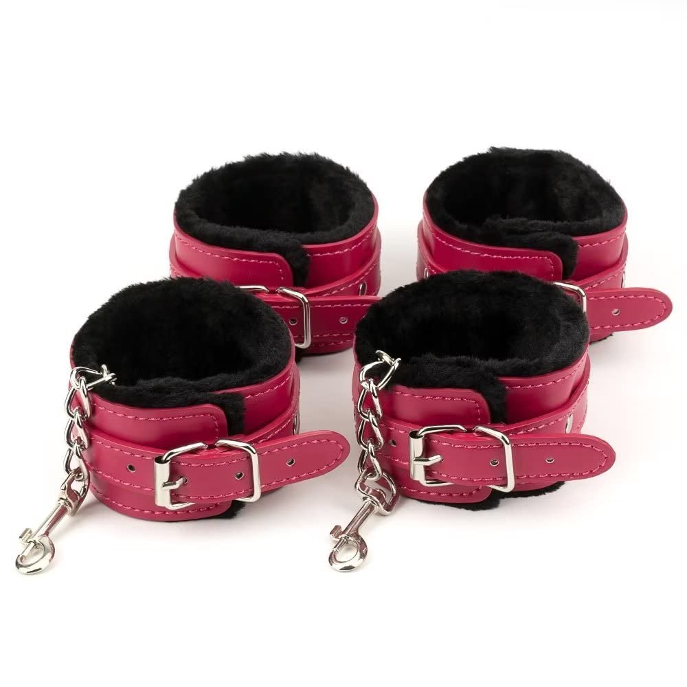 GOPEO Adjustable Ankle Weights 2 Pair Leg Weight Straps for Women Men Fluffy Handcuff Bracelet Set - Soft and Plush Handcuff Wrist and Ankle Cuffs with Leather for Home Bedroom Workout