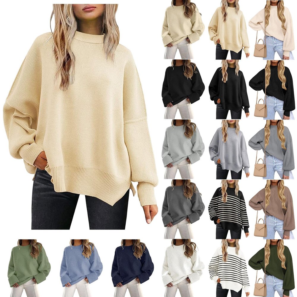 Crewneck Long Sleeve Oversized Sweaters for Women Fuzzy Knit Chunky Warm Pullover Top Solid Casual Loose Jumpers A-Beige
