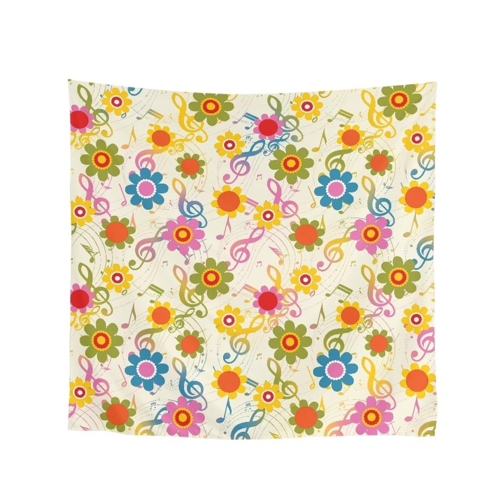 Coloranimal Retro 70s Groovy Hippie Flower Aesthetic Music Notes Head Scarf for Women Ladies Silk Feeling Square Fashion Scarf Hair Wrapping Shawls Sleeping Bandana Hair Scarf 53cm x 53cm
