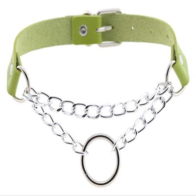 AKYLDI PU Leather Punk Choker Necklace Sexy Collar Choker Metal Ring Chain Neck Strap Gothic Necklace Night Club Neck Accessories (Color : Green)