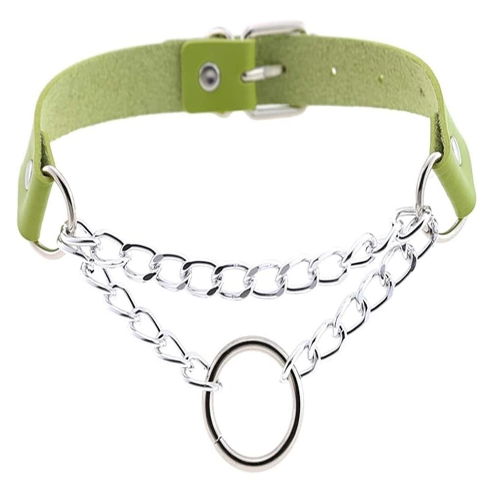 AKYLDI PU Leather Punk Choker Necklace Sexy Collar Choker Metal Ring Chain Neck Strap Gothic Necklace Night Club Neck Accessories (Color : Green)