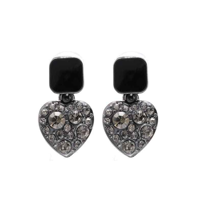 2PCS Women's Square Ear Clips Clip On Earrings,Non Pierced Earrings for Brides, Bridesmaids, Prom and Wedding (Black Grey Heart Shape Ear Clips)