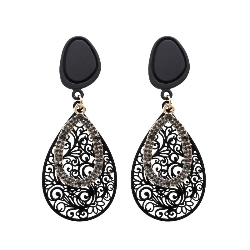Clip On Earrings For Women, Hypoallergenic, Won't Fall Off & Don't Pinch, They Look Pierced, But Don't Need Pierced(Black Gray Hollow Ear Clips)