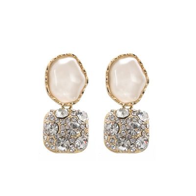 2PCS Women's Square Ear Clips Clip On Earrings,Non Pierced Earrings for Brides, Bridesmaids, Prom and Wedding (Golden White Ear Clips)