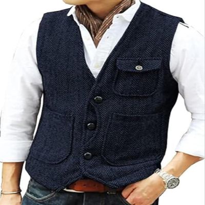 Yarizm Casual Men's Vests Herringbone Tweed V-Neck Waistcoat For Men Retro Wedding Travel Workwear Vest