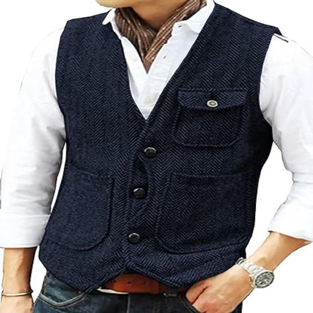 Yarizm Casual Men's Vests Herringbone Tweed V-Neck Waistcoat For Men Retro Wedding Travel Workwear Vest
