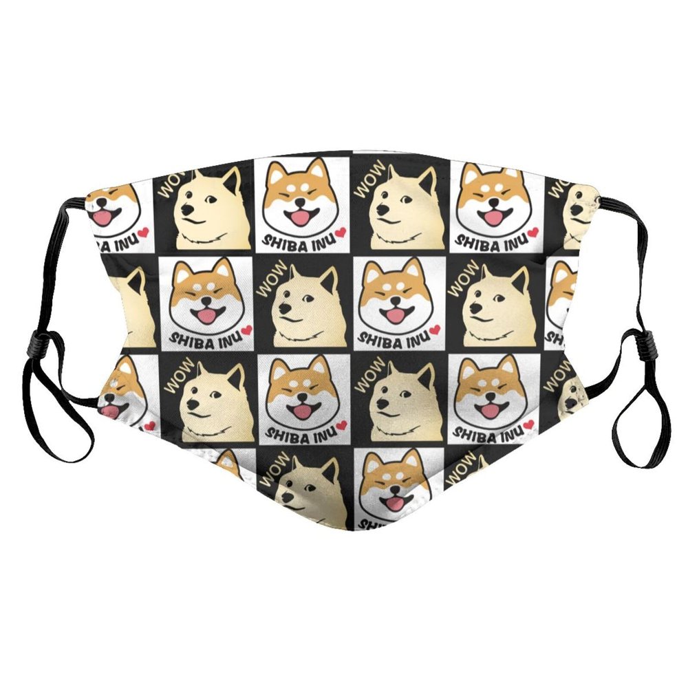 Reusable Cloth Face Masks with 2 Filters Black-Grid-Shiba-Inu-Doge Washable Face Covering Small