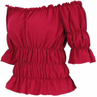 Blouses for Women Off The Shoulder Renaissance Tops Medieval Pirate Shirt Gothic Smocked Boho Short Sleeve Red 2XL