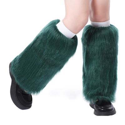 KMBANGI Women Faux Fur Leg Warmers Furry Harajuku Japanese Socks Fuzzy Long Boot Cuffs Covers Christmas Party Costume Accessory(Dark Green,One Size)