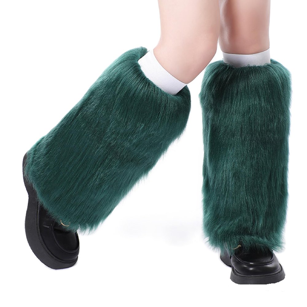 KMBANGI Women Faux Fur Leg Warmers Furry Harajuku Japanese Socks Fuzzy Long Boot Cuffs Covers Christmas Party Costume Accessory(Dark Green,One Size)