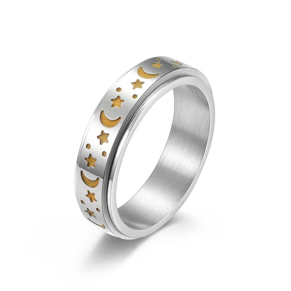 WLPCIV Titanium Steel Glow Spinner Rings Moon and Star Fidget Ring Stress Relieving Anxiety Ring for Women (Silver7)