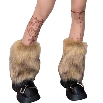 KMBANGI Women Faux Fur Leg Warmers Furry Harajuku Japanese Socks Fuzzy Long Boot Cuffs Covers Holiday Party Costume Accessory(F Coffee Brown 27cm,One Size)