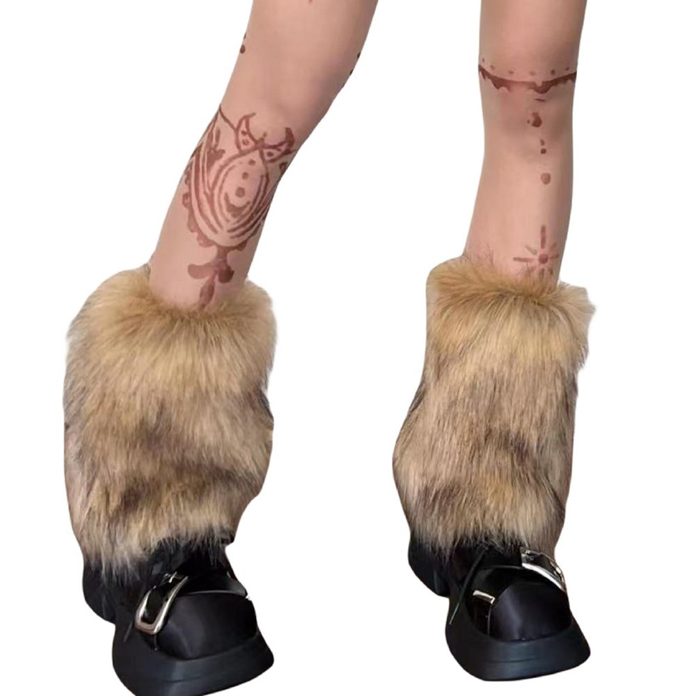 KMBANGI Women Faux Fur Leg Warmers Furry Harajuku Japanese Socks Fuzzy Long Boot Cuffs Covers Holiday Party Costume Accessory(F Coffee Brown 27cm,One Size)