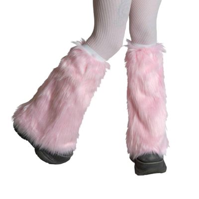 KMBANGI Women Faux Fur Leg Warmers Furry Harajuku Japanese Socks Fuzzy Long Boot Cuffs Covers Christmas Party Costume Accessory(C Light Pink,One Size)