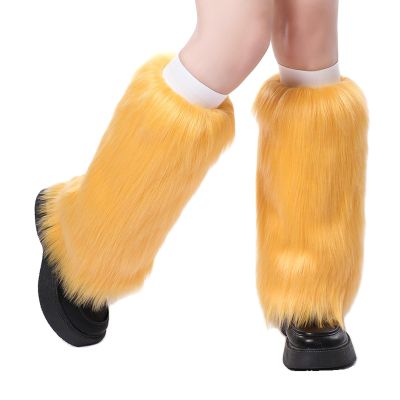 KMBANGI Women Faux Fur Leg Warmers Furry Harajuku Japanese Socks Fuzzy Long Boot Cuffs Covers Christmas Party Costume Accessory(C Yellow Solid,One Size)
